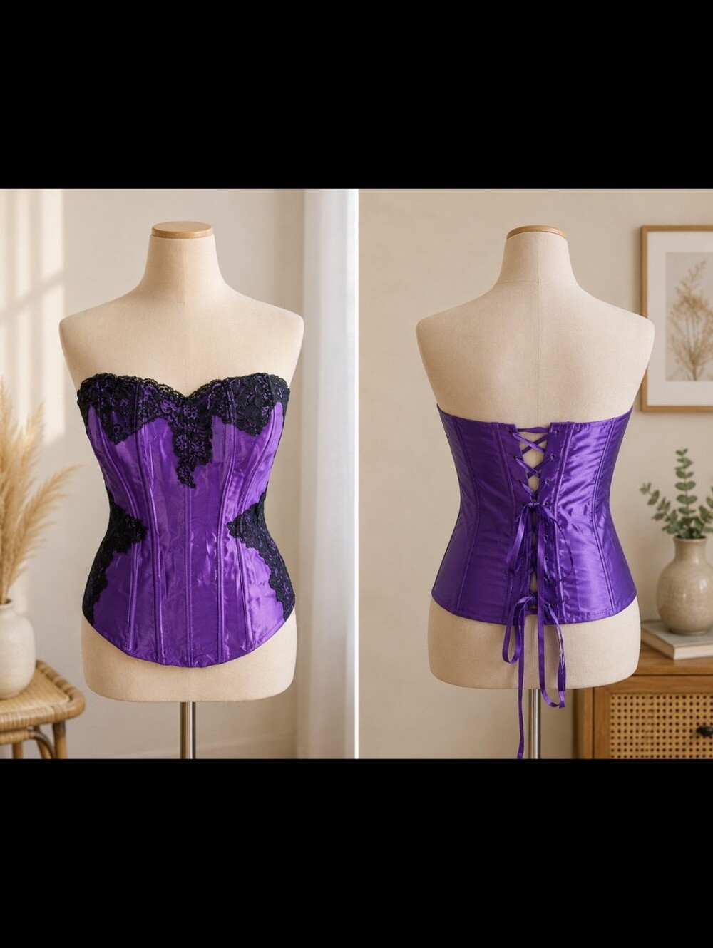 Frederick’s of Hollywood ~ Purple Satin Lace Strapless~Laceup Corset – Size 34